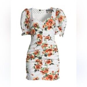 New lavish Alice Orange Flroql Ruched puff sleeve Mini dress Sweet and Sexy  2 S